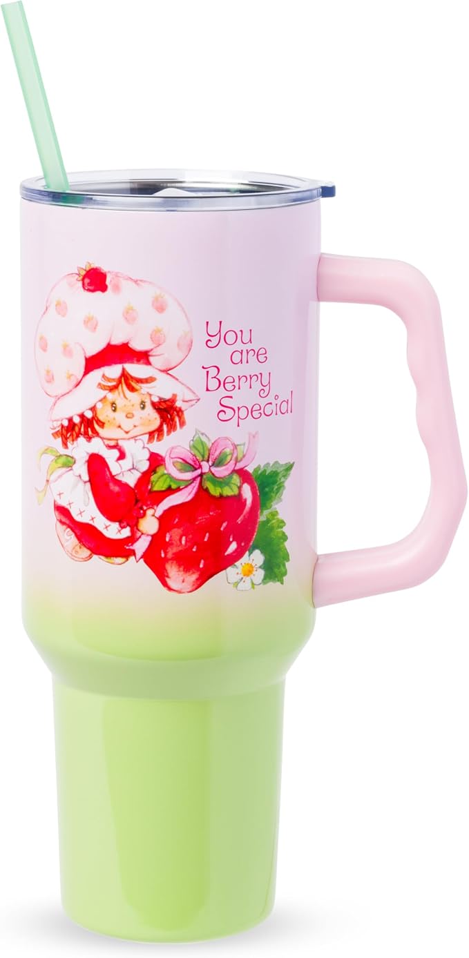 Silver Buffalo Strawberry Shortcake You Are Berry Special Vintage Pink and Green Ombre Double Walled Stainless Steel Tumbler with Handle and Straw, Fits in Standard Cup Holder, 40 Ounces by SilverBuffalo