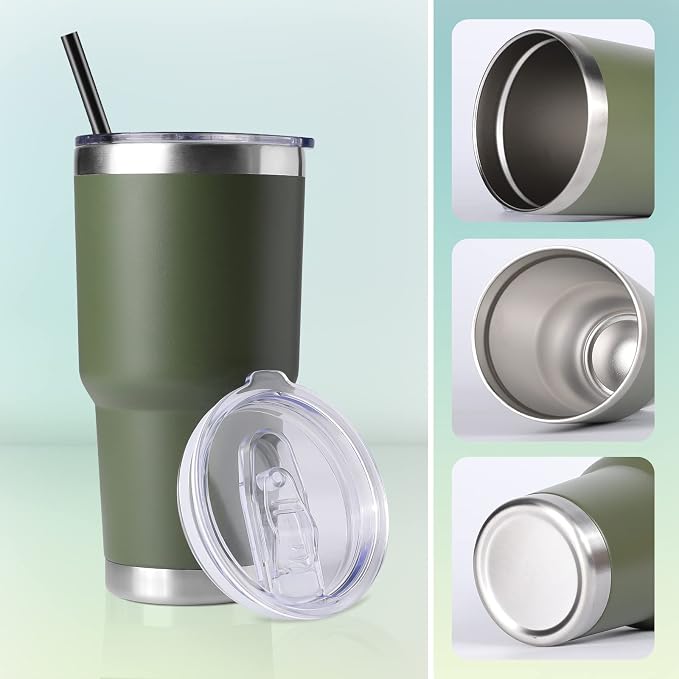 DOMICARE 30 oz Tumbler with Lid and Straw, Stainless Steel Tumblers Bulk, Insulated Vacuum Double Wall Travel Coffee Mug, Durable Powder Coated Tumbler Cups (Army Green, 4) - Image 5