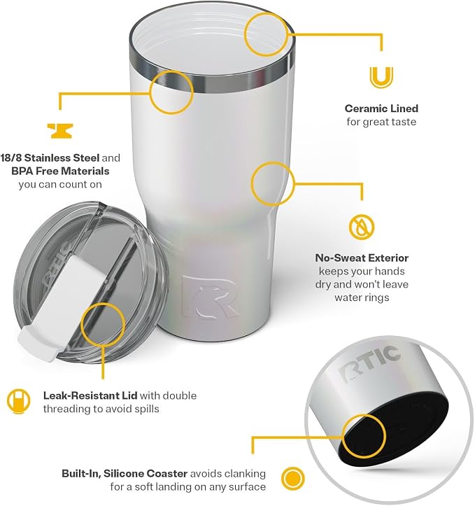 RTIC 30oz Essential Tumbler with Lid, Ceramic Lined, Insulated, Stainless Steel, Metal, Double Wall Vacuum-Insulation, Travel Cup for Iced Coffee, Tea, Hot and Cold Drink, Cool Grey Glitter - Image 4