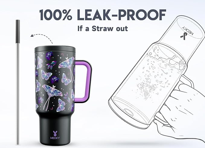 Meoky 40 oz Glow in the Dark Tumbler with Handle and Straw, Tumbler with Lid and Straw, Insulated Stainless Steel Travel Mug, 100% Leak-proof, Keeps Cold for 34 Hours (Butterfly) - Image 3