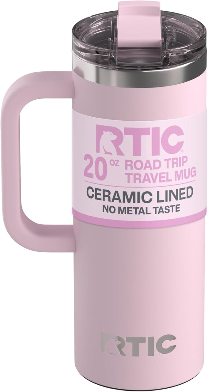 RTIC 20oz Road Trip Travel Mug with Lid and Handle, Ceramic Lined, Insulated, Stainless Steel, Metal, Double Wall Vacuum-Insulation, Portable Coffee, Tea Cup for Hot and Cold Drink, Pale Pink by RTIC