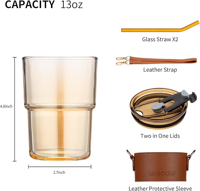 BLUEPOLAR 13 oz Tumbler Water Glass, Water Bottle with Straw and Dustproof Lid, Coffee Ice Cup Double Wall Insulated Glass Cup (Amber with Sleeve and Strap) - Image 4