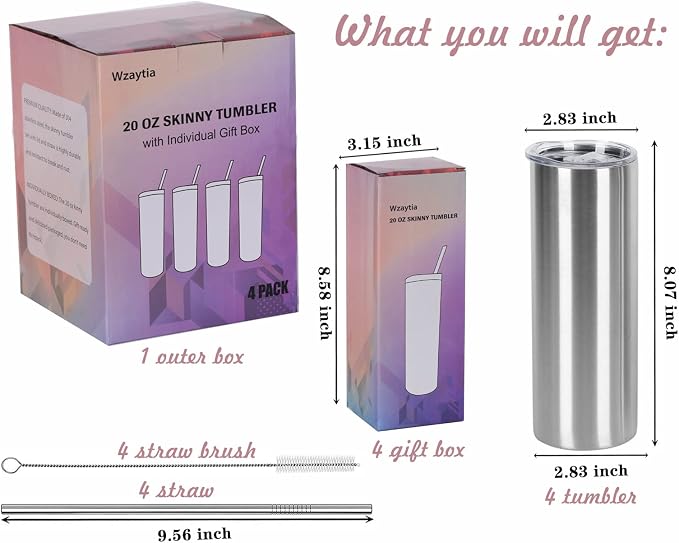 4 Pack 20 Oz Straight Skinny Tumblers,Individually Gift Boxed Stainless Steel Slim Skinny Tumbler Set Bulk, 20 Oz Insulated Slim Thin Travel Tumbler Cup for Diy, Silver - Image 2
