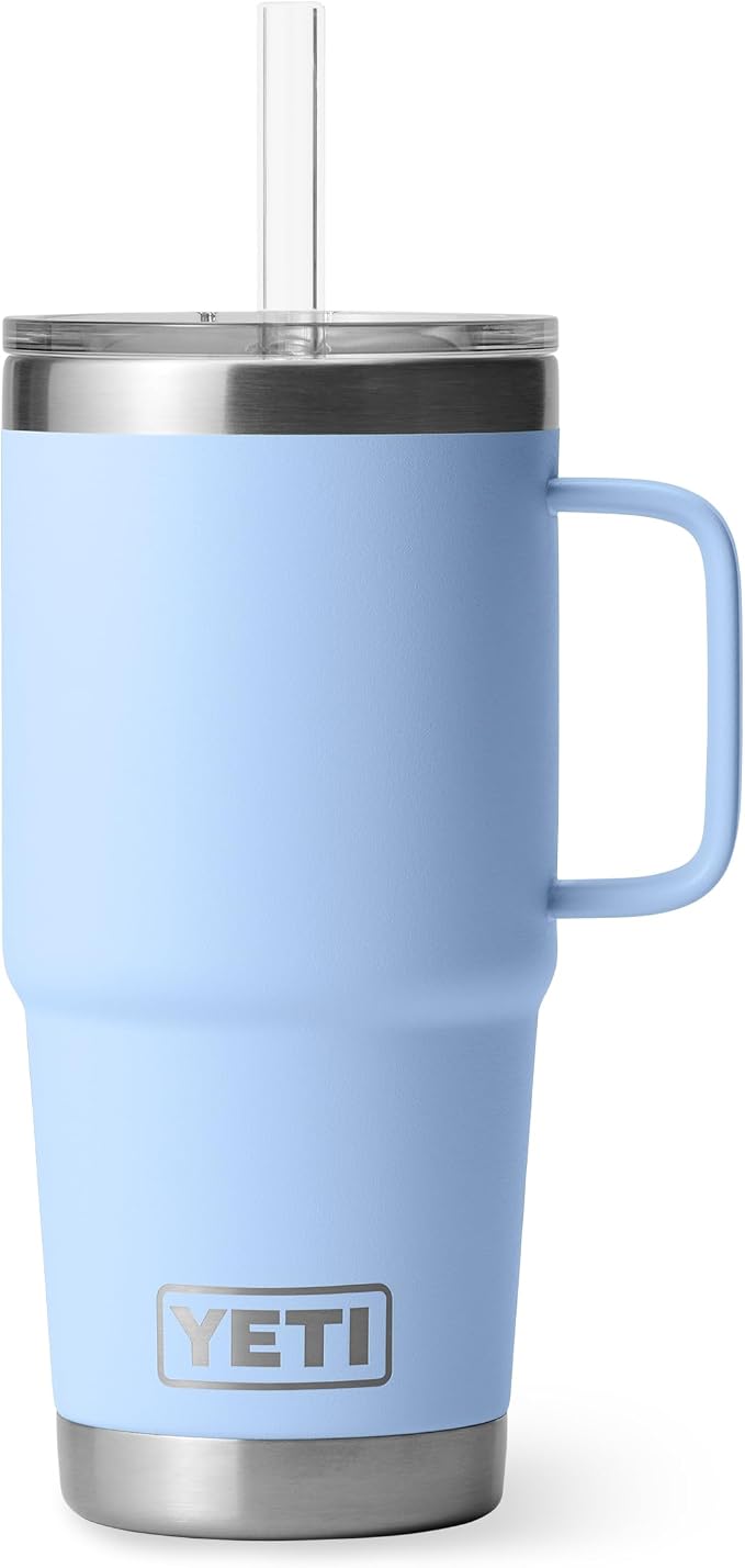 YETI Rambler 25 oz Tumbler with Handle and Straw Lid, Travel Mug Water Tumbler, Vacuum Insulated Cup with Handle, Stainless Steel, Big Sky Blue by YETI