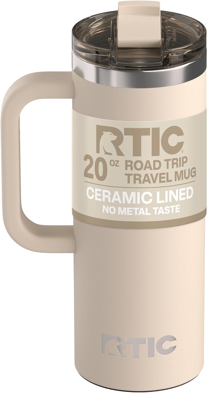RTIC 20oz Road Trip Travel Mug with Lid and Handle, Ceramic Lined, Insulated, Stainless Steel, Metal, Double Wall Vacuum-Insulation, Portable Coffee, Tea Cup for Hot and Cold Drink, Beach by RTIC