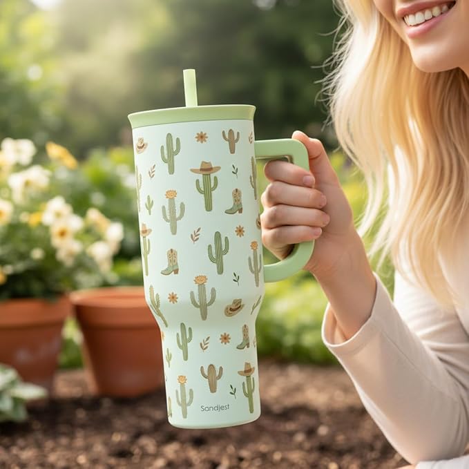 SANDJEST Cactus 40oz Tumbler with Handle and Straw, Insulated Stainless Steel Travel Coffee Mug for Women Girls, Gift Idea for Birthday Christmas Mothers Day - Image 6