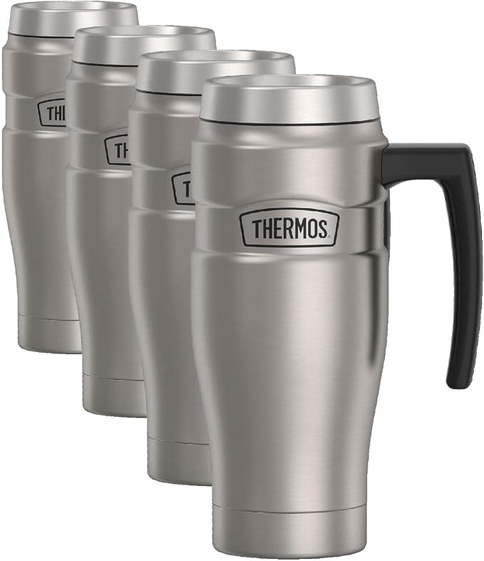 THERMOS Stainless King Vacuum-Insulated Travel Mug with Handle-16oz,Matte Steel-Thermos Tumbler for Hot&Cold Drinks-Leak-Proof&Sweat-Proof Stainless Steel Coffee Mug with Lid for Commuting,(Pack of 4) by Thermos