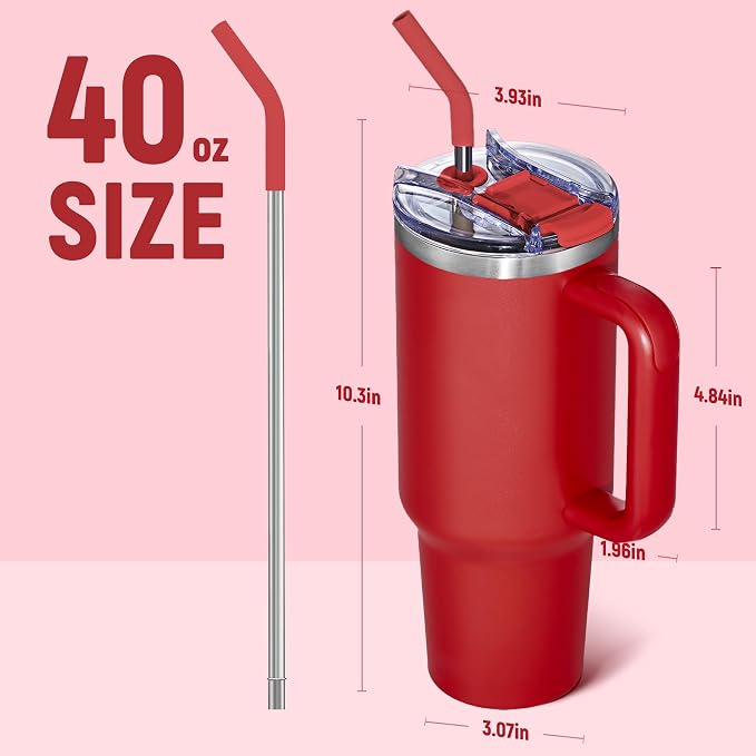 COKTIK 40 oz Tumbler With Handle and Straw, Insulated Tumbler With Leakproof Lids, Stainless Steel|BPA-Free, Cold for 24 H (Red) - Image 2
