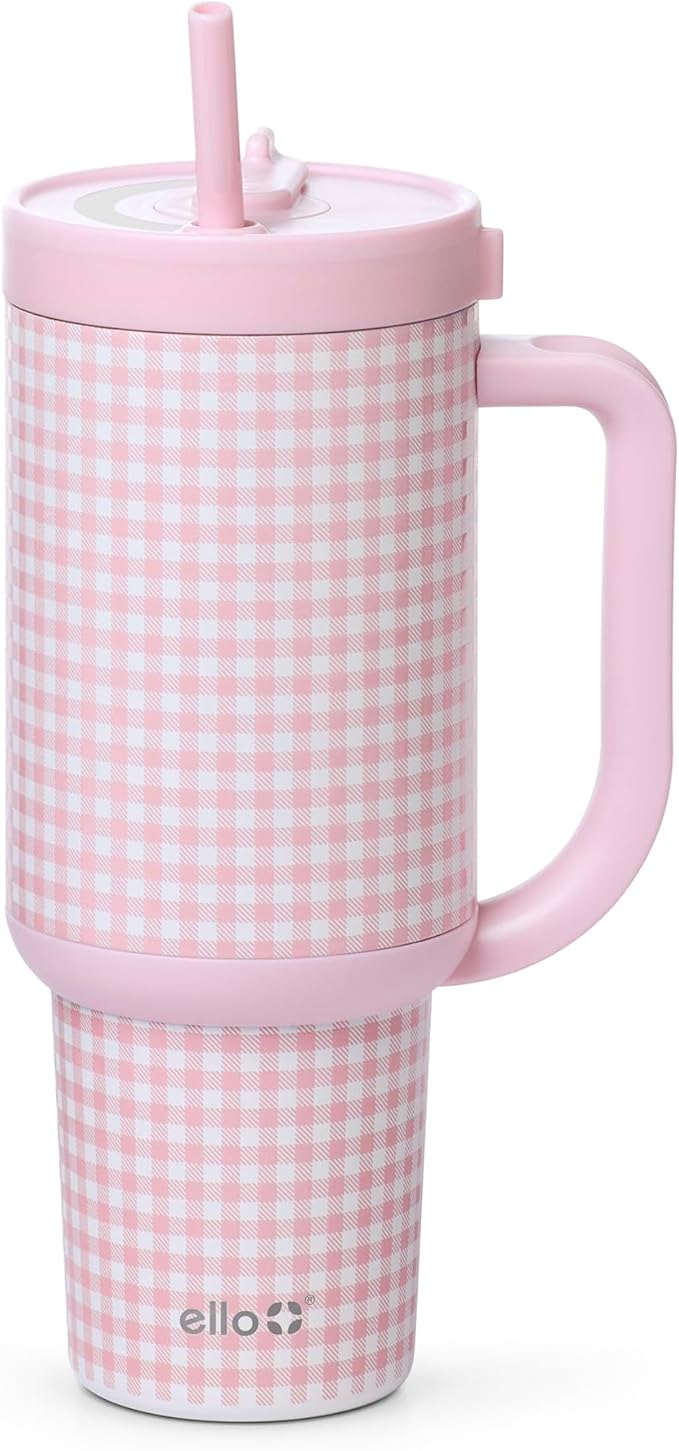 Ello Oasis 30 oz Tumbler with Handle & Retracting Straw | Reusable Insulated Stainless Steel Cup 100% Leakproof, Gifts for Teens Women Men | Keeps cold for 24 Hours, Cup Holder Friendly, Pink Gingham by Ello