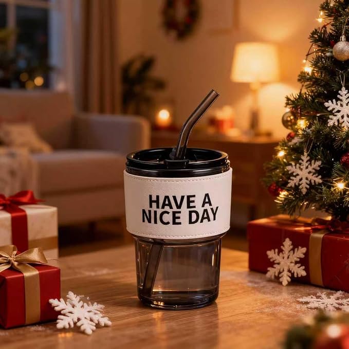 BLUEPOLAR 13oz/400ml Glass Water Tumbler with Straw and Lid Sealed Carry on Thick Wall Iced Coffee Cup for Water, Iced Tea, Fruit Juice (Have a Nice Day) - Image 4