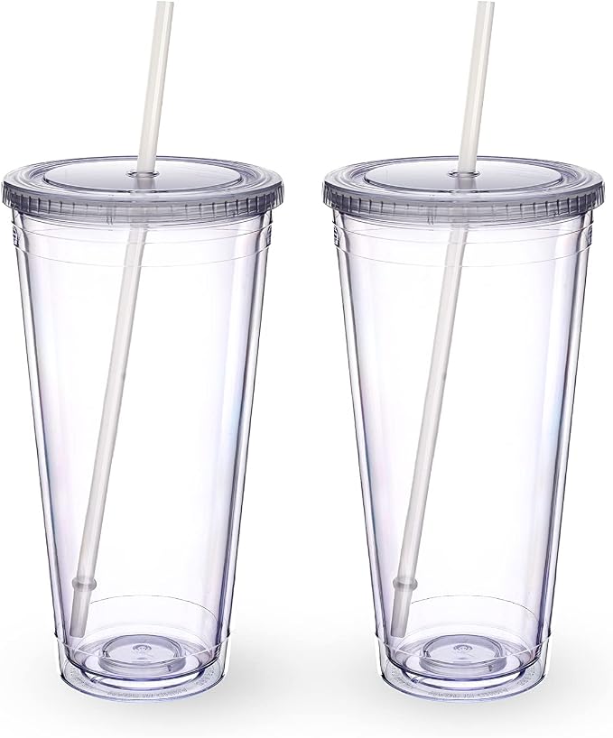 Zukro Clear Acrylic Tumbler with Straw and Lid 32 oz, Double Walled Insulated Reusable Plastic Iced Coffee Cup, To Go Cup Perfect for Parties, Birthdays, Fit in Cupholder, BPA Free, Clear, 2 Pack by ZukroDrinkware