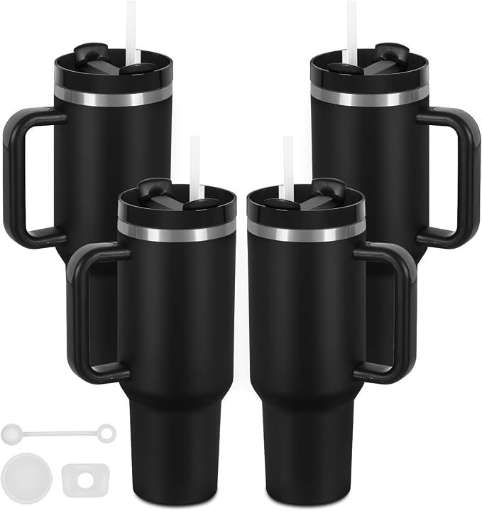 4 Pack 40 Oz Tumbler with Handle Bulk, Double Wall Vacuum Insulated Stainless Steel Tumbler with Lid and Straw, 40 oz cup with Silicone Spill Proof Stopper Set (Black) by Temolulu