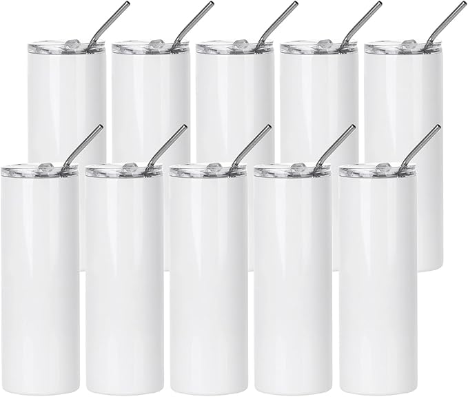 PYD Life 10 Pack Sublimation Tumblers Bulk Blank 20 OZ Skinny White Stainless Steel Tumbler Cups with Straw and Lid for Mug Tumbler Heat Press Sublimation Oven Printing by PYDLife