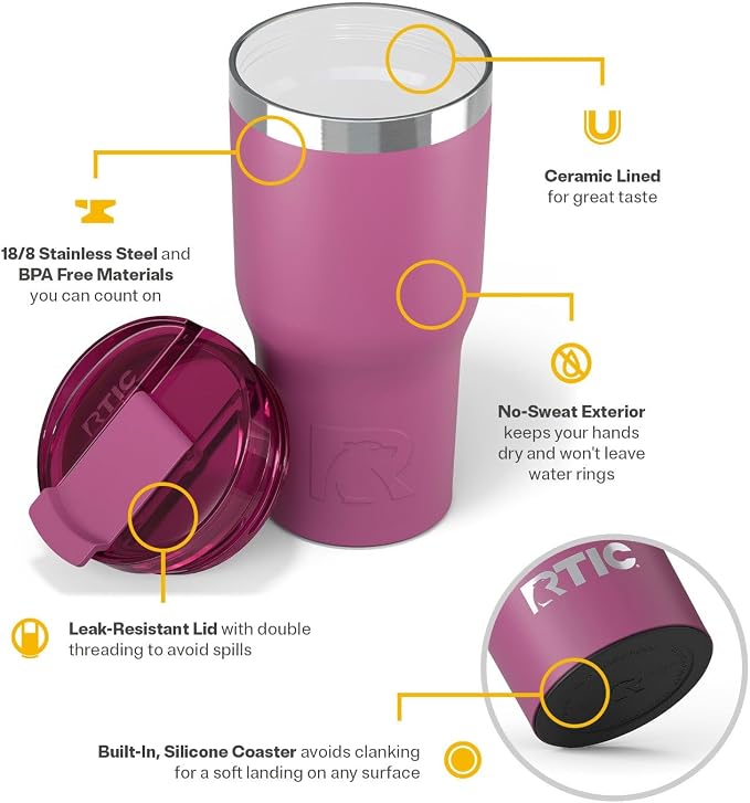 RTIC 20oz Essential Tumbler with Lid, Ceramic Lined, Insulated, Stainless Steel, Metal, Double Wall Vacuum-Insulation, Travel Cup for Iced Coffee, Tea, Hot and Cold Drink, Orchid - Image 4