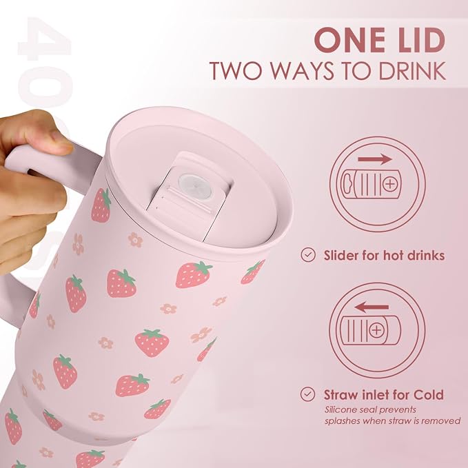 SANDJEST Strawberry Tumbler with Handle 40oz – Insulated Stainless Steel Travel Coffee Mug Cup for Girls Women, Gift for Christmas, Birthday - Image 4