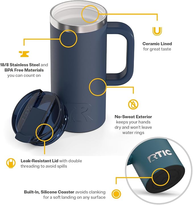 RTIC 16oz Road Trip Travel Mug with Lid and Handle, Ceramic Lined, Insulated, Stainless Steel, Metal, Double Wall Vacuum-Insulation, Portable Coffee, Tea Cup for Hot and Cold Drink, Navy - Image 3