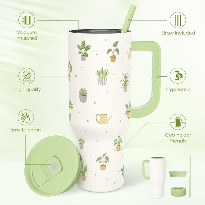 SANDJEST Plant Lover 40oz Tumbler with Handle and Straw, Insulated Stainless Steel Travel Coffee Mug for Women Girls, Gift Idea for Birthday Christmas Mothers Day - Image 2