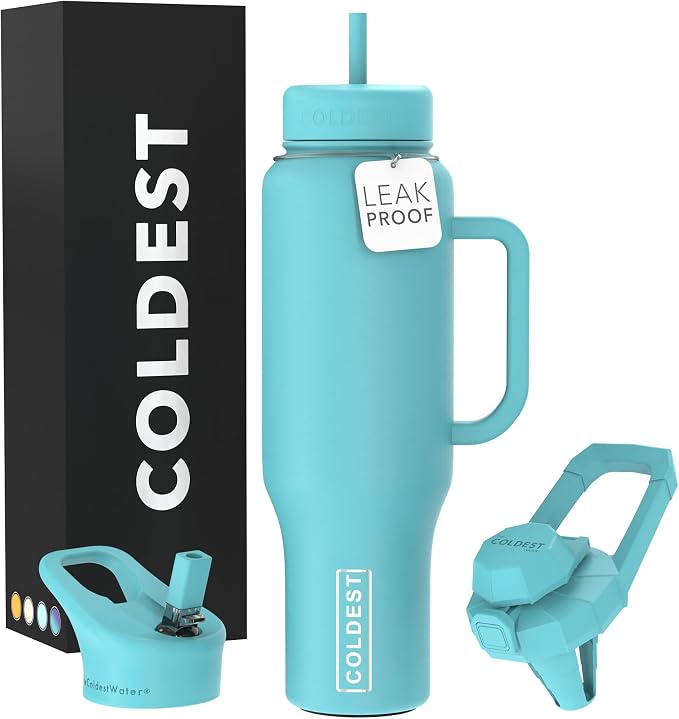 Coldest Tumbler with Handle and Straw, 100% Spill Proof Tumbler with Straw (3 Lids), Stainless Steel Insulated Leakproof Tumblers for Women Men, Cup Holder Friendly, 46 oz (Turtly Green) by Coldest