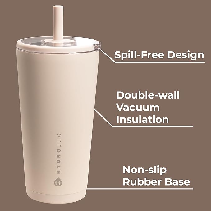 HydroJug Everyday Tumbler 20 oz – Ceramic-Lined Insulated Tumbler with Straw and Soft-Touch Lid, Cup Holder Friendly, Double-Wall Vacuum Insulation, Reusable Travel Cup – Dune - Image 3