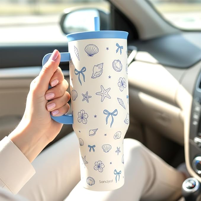 SANDJEST Coastal 40oz Tumbler with Handle and Straw, Insulated Stainless Steel Travel Coffee Mug for Women Girls, Gift Idea for Birthday Christmas Mothers Day - Image 6