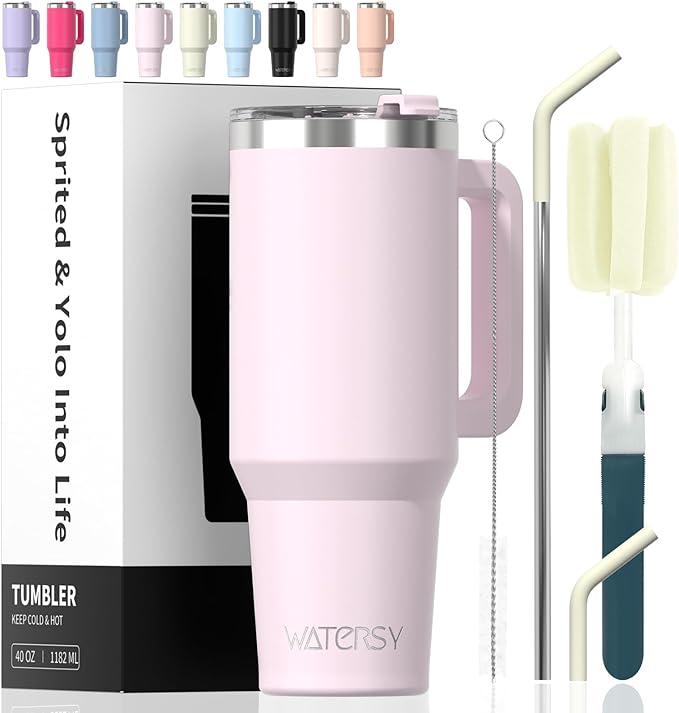 40 oz Tumbler with Handle,Tumbler with Lid and Straw,Double Wall Insulated Cup Stainless Steel Travel Mug(Cold for 34 Hours),Water Bottle for Iced Tea,Coffee,Cold Beverages(Rose Quartz) by Watersy
