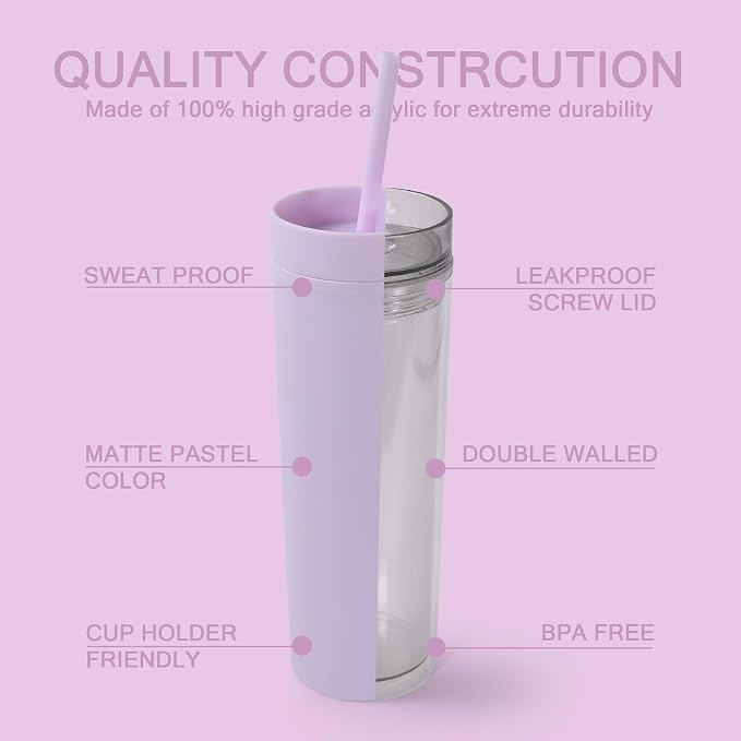 sweet grain Skinny Tumblers with Lids and Straws(6 Pack) - 16oz Matte Pastel Colored Skinny Acrylic Tumblers, Double Wall Plastic Tall Skinny Tumblers Bulk for Cold Hot Drinks - Purple - Image 3