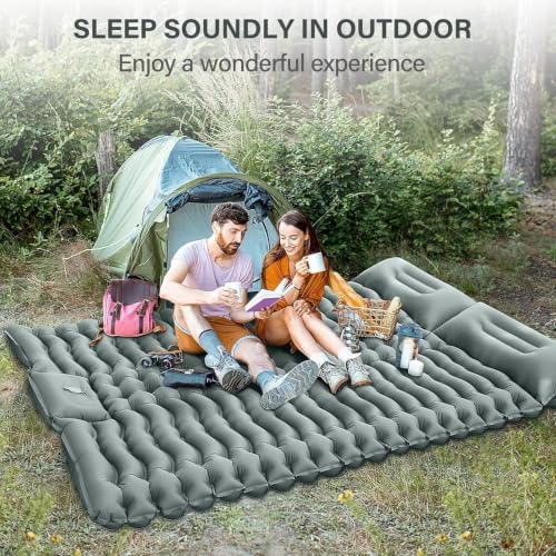Yuzonc Double Camping Sleeping Pad – 4" Ultra-Thick Foot-Pump Design, Lightweight 2-Person Inflatable Sleeping Mat with Pillow for Backpacking, Hiking, Travel, Tent – Gray - Image 5