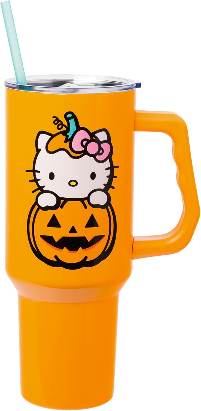 Silver Buffalo Sanrio Hello Kitty Halloween Jack-O-Lantern Double Walled Stainless Steel Tumbler with Handle and Straw, Fits in Standard Cup Holder, 40 Ounces by SilverBuffalo