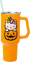 Silver Buffalo Sanrio Hello Kitty Halloween Jack-O-Lantern Double Walled Stainless Steel Tumbler with Handle and Straw, Fits in Standard Cup Holder, 40 Ounces by SilverBuffalo