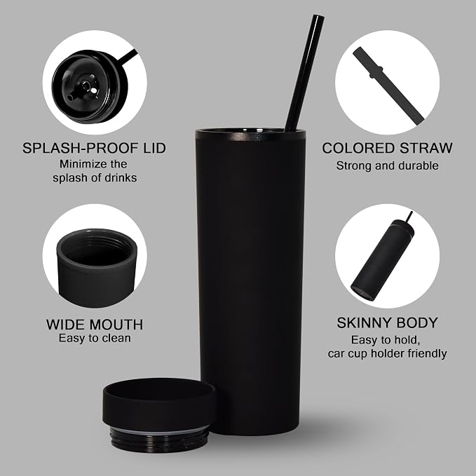 sweet grain Skinny Tumblers with Lids and Straws(6 Pack) - 16oz Matte Pastel Colored Skinny Acrylic Tumblers, Double Wall Plastic Tall Skinny Tumblers Bulk for Cold Hot Drinks - Black - Image 4