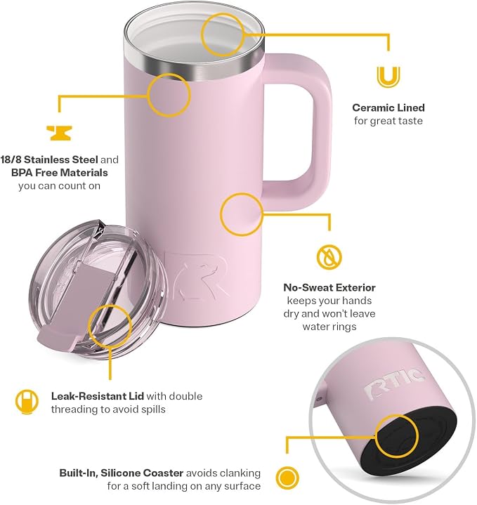 RTIC 16oz Road Trip Travel Mug with Lid and Handle, Ceramic Lined, Insulated, Stainless Steel, Metal, Double Wall Vacuum-Insulation, Portable Coffee, Tea Cup for Hot and Cold Drink, Pale Pink - Image 3