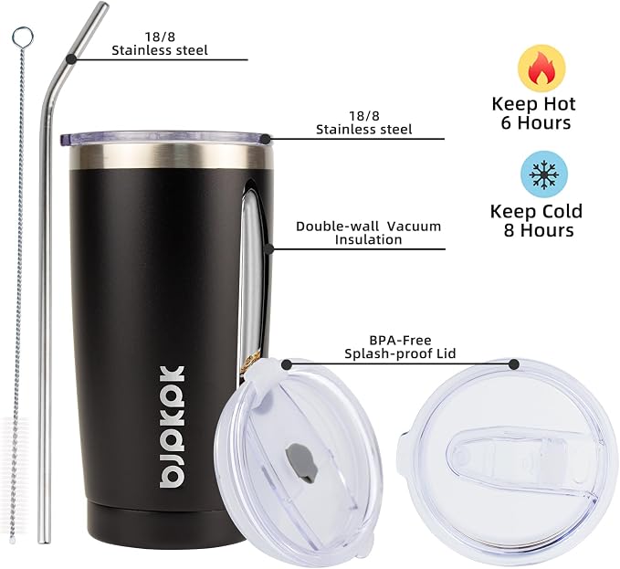 BJPKPK 20 oz Tumbler with Lid and Straw Insulated Travel Coffee Mug Reusable Stainless Steel Thermal Cups,Black - Image 2