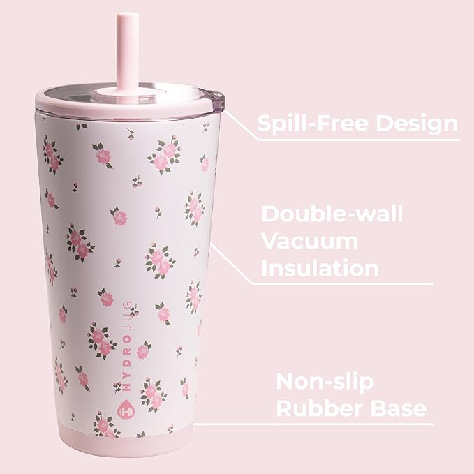 HydroJug Everyday Tumbler 20 oz – Ceramic-Lined Insulated Tumbler with Straw and Soft-Touch Lid, Cup Holder Friendly, Double-Wall Vacuum Insulation, Reusable Travel Cup – Wildrose - Image 3