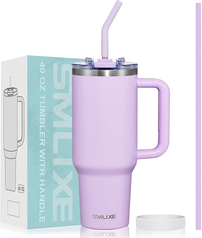 40 oz Tumbler with Handle and Straw Lid,Insulated Reusable Stainless Steel Water Bottle Travel Mug，Cupholder Friendly Double Wall Vacuum Sealed Cup (Lavender Purple) by smlixe