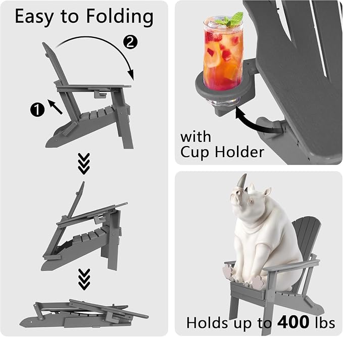 Folding Adirondack Chair with Cup Holder, HDPE Patio Chairs, All-Weather - Image 7