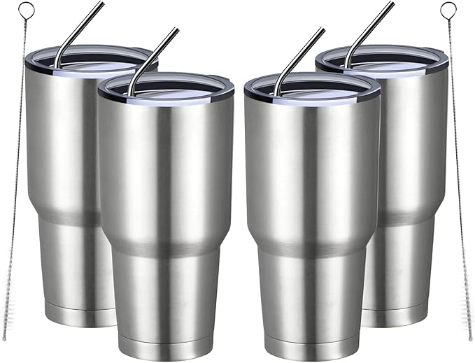 MEWAY 30oz Insulated Tumbler With Lids and Straws,Stainless Steel Double Vacuum Coffee Tumbler Cup, Brush, Durable Powder Coated Coffee Cup for Cold & Hot Drinks, Office(Silver,4 PACK) by MEWAY