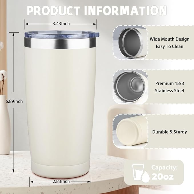 20 oz Tumbler with Lids and Straws, Stainless Steel Insulated Coffee Tumbler, Double Wall Vacuum Insulated Travel Mug Cup, Leakproof Thermal Coffee Cup for Hot and Cold Drinks (cream) - Image 2