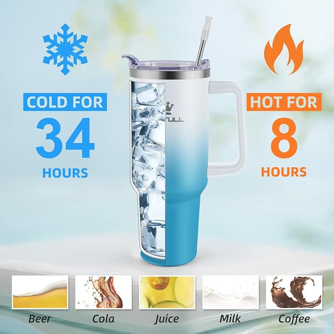 40 oz Tumbler with Handle and Straw Lid, 100% Leak-proof Travel Coffee Mug, Stainless Steel Insulated Cup for Beverages, Keeps Cold for 34Hrs or Hot for 10Hrs, Dishwasher Safe (WhiteBlue) - Image 4