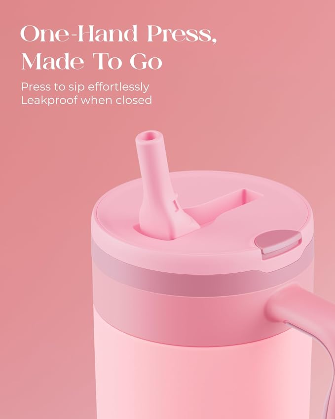 40 oz Insulated Tumbler with Handle and Push-Button Straw Lid, Stainless Steel Travel Cup for Gym Office, Leakproof, BPA-Free, Cup Holder Friendly, Bow Silicone Boot, Pink (Rose Quartz) - Image 3