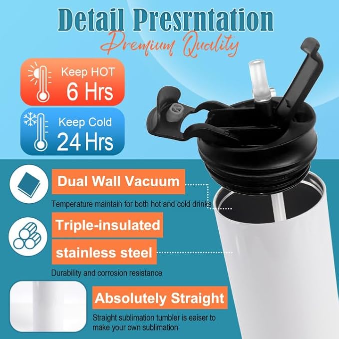 Joyclub 8 Pack Sublimation Water Bottle Blanks Dual Opening 20 oz Sublimation Tumblers with Leakproof Lid and Straw Insulated Stainless Steel Sports Cups - Image 4