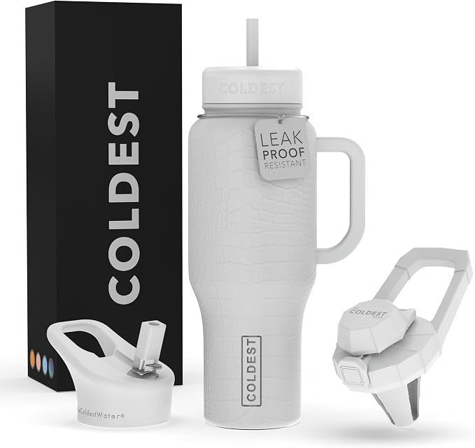 Coldest Tumbler with Handle and Straw, 100% Leak Proof Insulated Tumbler with Lid and Straw (3 Lids), Stainless Steel Tumblers for Women & Men, Cup Holder Friendly, 36 oz (White Croc) by Coldest
