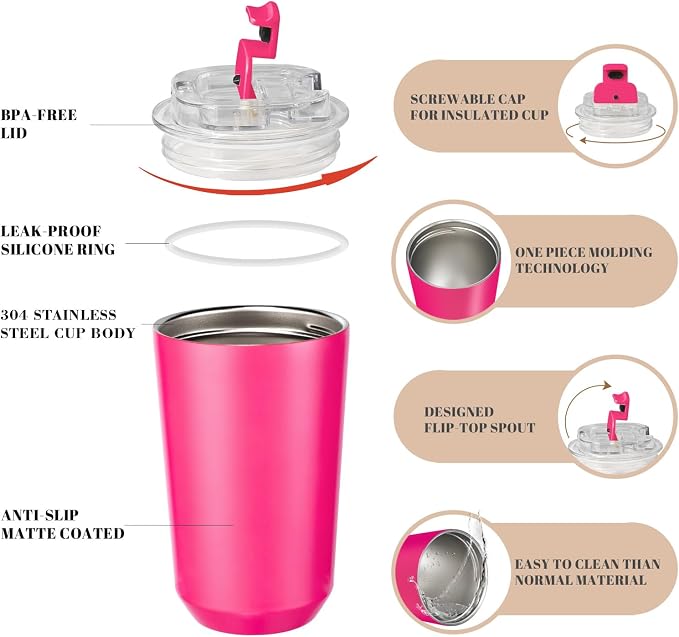 Puraville Insulated Tumblers with Lid, 14 oz Travel Coffee Mug Stainless Steel Vacuum Cup, Leak Proof Reusable Double Walled Coffee Tumbler for Iced and Hot Drinks, Fuchsia - Image 4