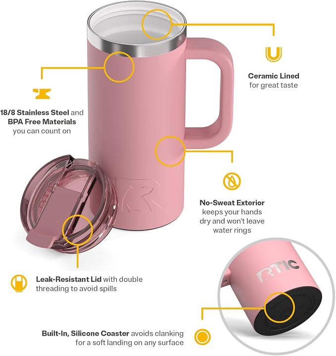 RTIC 16oz Road Trip Travel Mug with Lid and Handle, Ceramic Lined, Insulated, Stainless Steel, Metal, Double Wall Vacuum-Insulation, Portable Coffee, Tea Cup for Hot and Cold Drink, Dusty Rose - Image 3