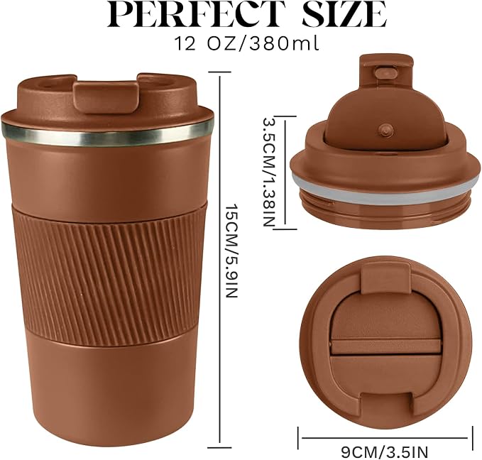YINBAOGE Insulated Travel Coffee Mug, Spill & Leak Proof, Portable To Go Camping Stainless Steel Coffee Tumbler, Reusable Thermal Coffee Cup with Lid for Hot & Cold Drinks (Brown, 12 OZ) - Image 3
