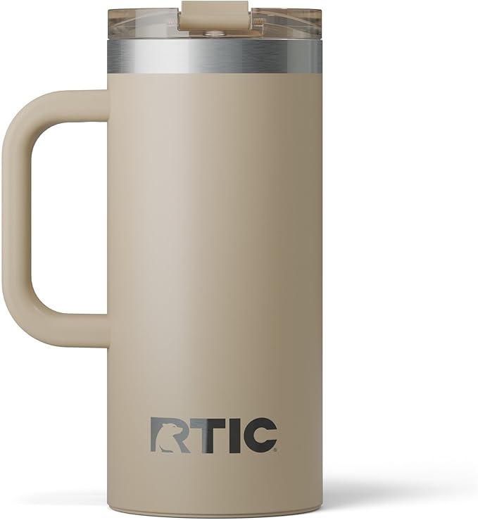 RTIC 16oz Road Trip Travel Mug with Lid and Handle, Ceramic Lined, Insulated, Stainless Steel, Metal, Double Wall Vacuum-Insulation, Portable Coffee, Tea Cup for Hot and Cold Drink, Beach by RTIC