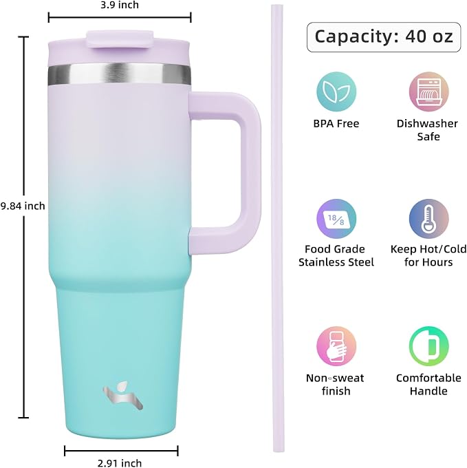 Konokyo 40 oz Tumbler with Handle and 2 Straws,2 in 1 Lid Insulated Water Bottle Stainless Steel Travel Coffee Mug,Lavender Green - Image 4