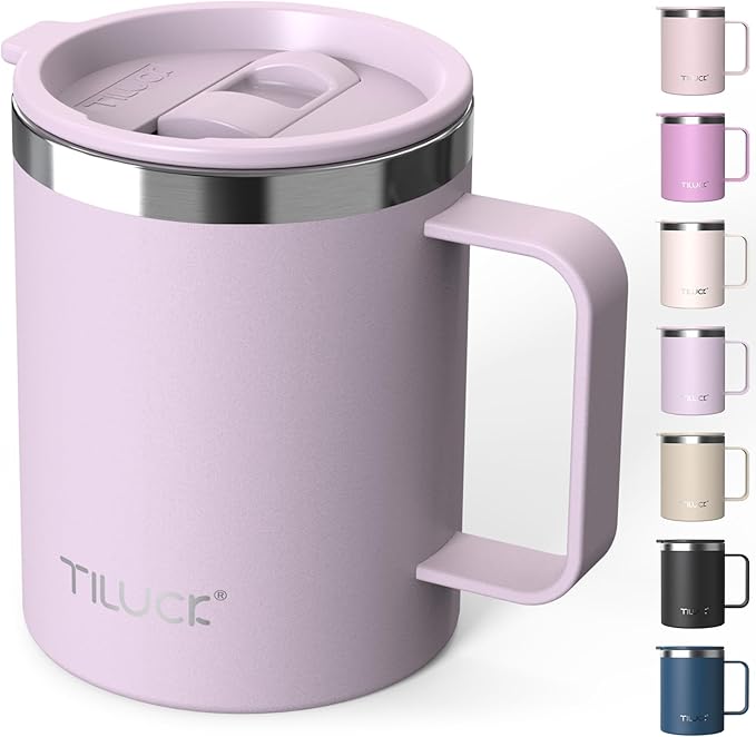TILUCK 12 oz Insulated Coffee Mug with Lid, Double Wall Vacuum Insulated Travel Mug Cup with Handle for Hot or Cold Drinks（12oz，Matte LightPurple） by TILUCKBringsGoodLuck