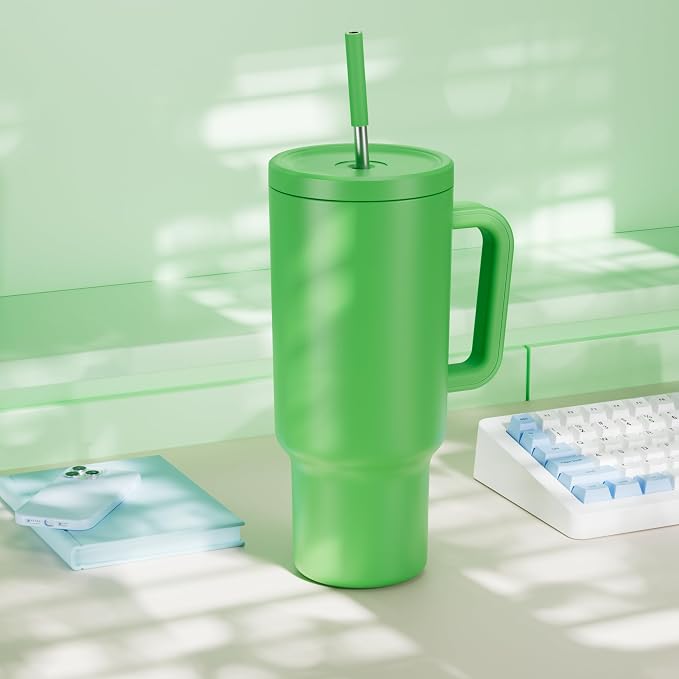 Meoky 40 oz Tumbler with Handle and Straw: Stainless Steel Insulated Tumbler with Lid and Straw - 100% Leak Proof Tumbler for Car Cup Holders - Travelers Commuters Workers, Green - Image 7