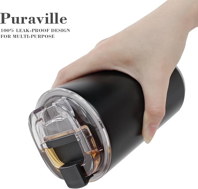 Puraville Insulated Tumblers with Lid, 14 oz Travel Coffee Mug Stainless Steel Vacuum Cup, Leak Proof Reusable Double Walled Coffee Tumbler for Iced and Hot Drinks, Black - Image 6