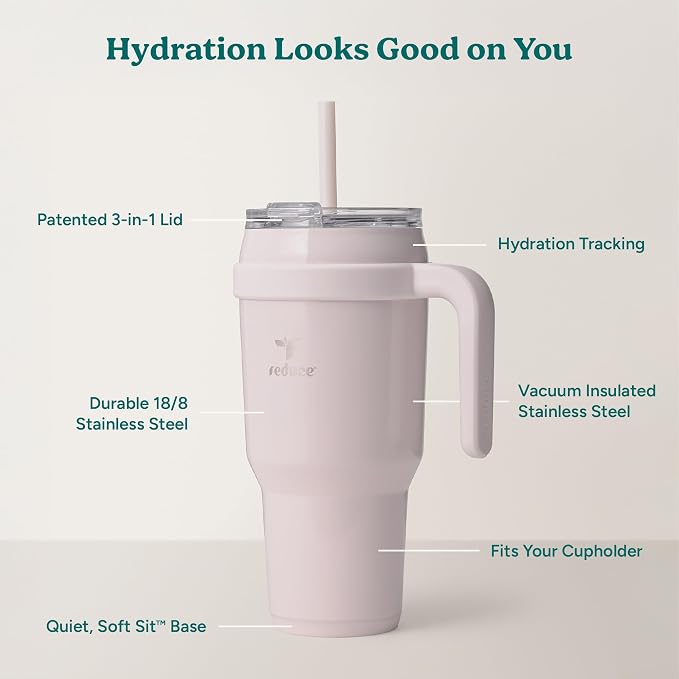 REDUCE Cold1 40 oz Tumbler with Handle - Vacuum Insulated Stainless Steel Water Bottle for Home, Office or Car, Reusable Mug with Straw or Leakproof Flip Lid, Keeps Drinks Cold All Day- Gloss Cotton - Image 4